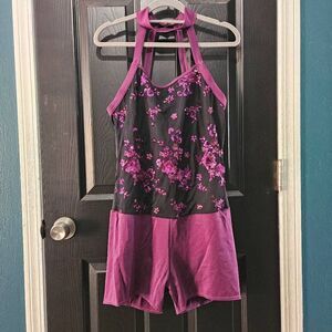 Weissman NWOT adult extra large gorgeous purple floral biketard one piece costum